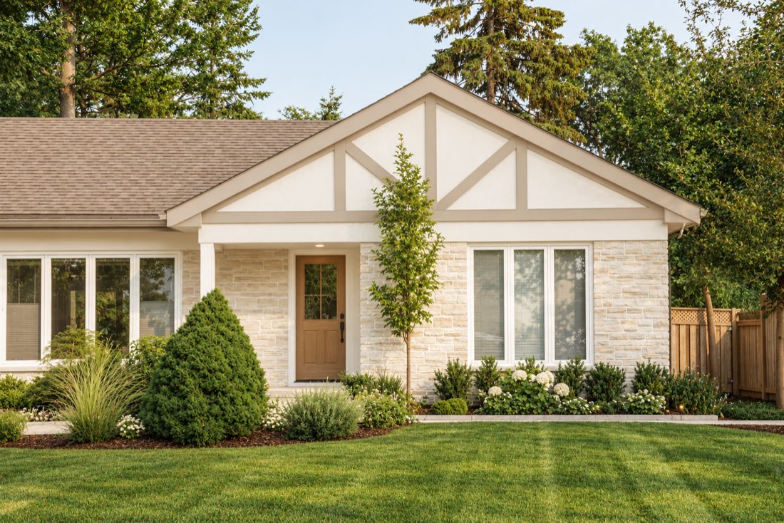A single-story house with a cream stone front, a gabled porch and a green lawn